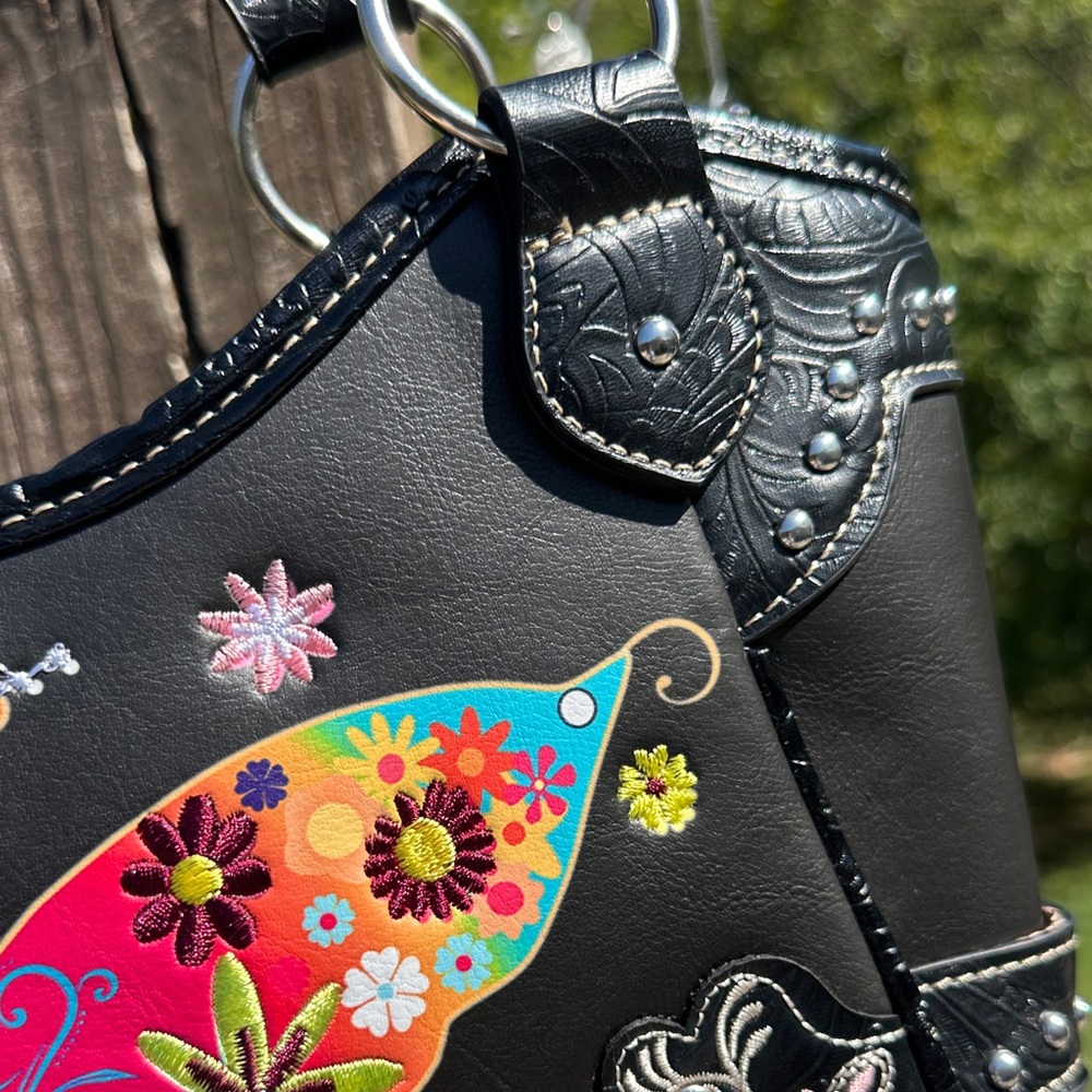 Floral Butterfly Embroidered Black Conceal Carry Handbag NWT. FLASH SALE! - Picture 12 of 13